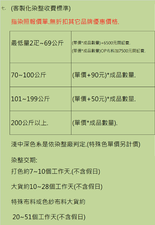 七.客製化染整收費方式